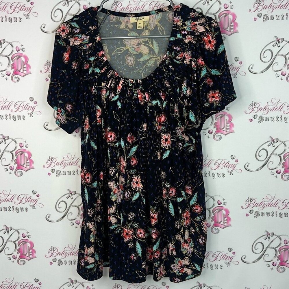 Style & Co. Tee tshirt flowers red blue Black Floral Blouse dotted comfy